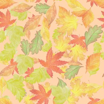 Seamless pattern with different autumn leaves, hand-drawn watercolor painting