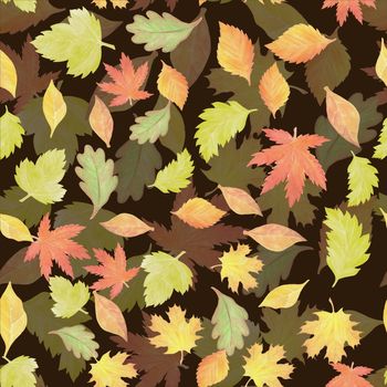 Seamless pattern with different autumn leaves, hand-drawn watercolor painting