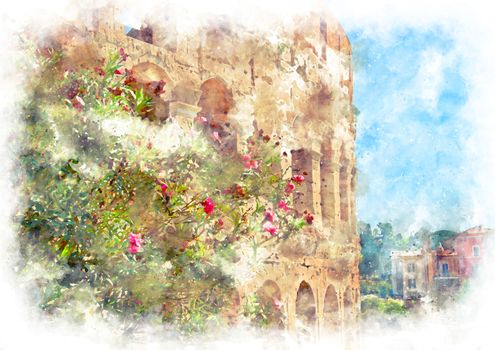 Digital illustration in watercolor style of blooming rhododendron on a background of part of the Colosseum, Rome, Italy, summer