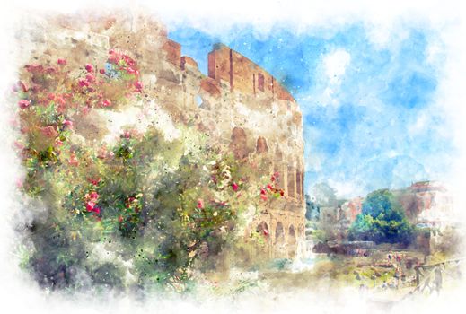 Digital illustration in watercolor style of blooming rhododendron on a background of part of the Colosseum, Rome, Italy, summer