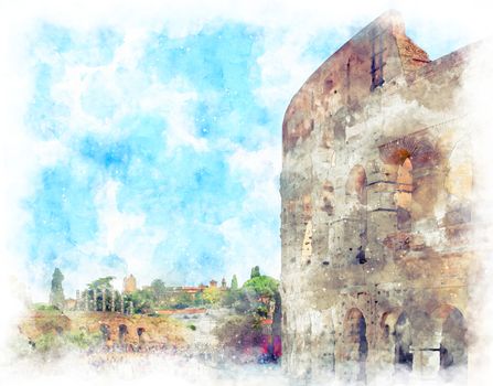 Digital illustration in watercolor style of part of the Colosseum, Rome, Italy, summer
