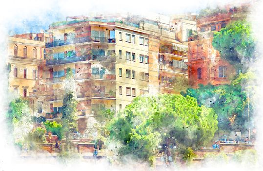 Digital illustration in watercolor style of Modern residential buildings in the center of Rome