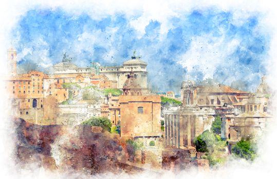 Digital illustration in watercolor style of Basilica di Santa Maria in Ara coeli and Altare della Patria from the courtyard, Rome, Italy, summer