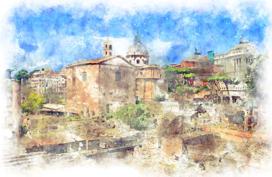 Digital illustration in watercolor style of Mamertine Prison from Via dei Fori Imperiali street, Rome, Italy, summer 2018