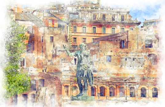 Digital illustration in watercolor style of Statua di Traiano near Trajan Forum, view from from Via dei Fori Imperiali street, Italy