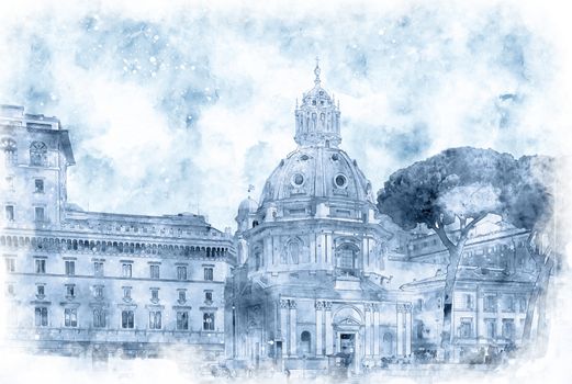 Digital illustration in watercolor style of Church Santa Maria di Loreto near the Forum of Caesar - Viaggio nei Fori , view from from Via dei Fori Imperiali street, Rome, Italy