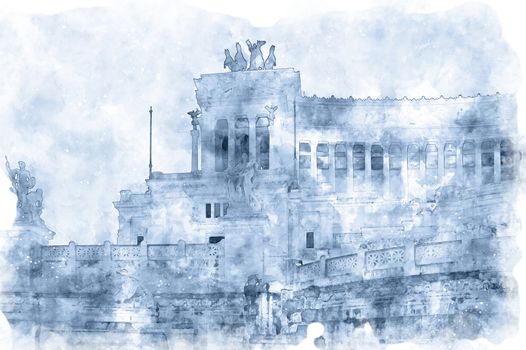 Digital illustration in watercolor style of Fontana dell'Adriatico and Altar of the Fatherland , view from from Via dei Fori Imperiali street, Rome, Italy
