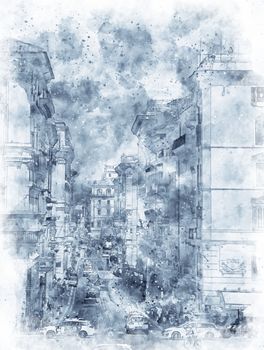 Digital illustration in watercolor style of Via del Corso street from Piazza Venezia, Rome, Italy, summer 2018