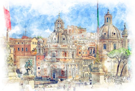 Digital illustration in watercolor style of Trajan's Column and Santa Maria di Loreto, view from Altar of the Fatherland, Rome, Italy