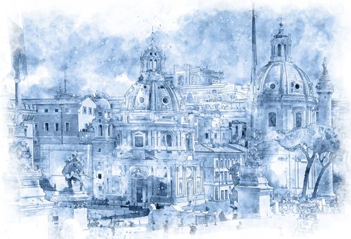 Digital illustration in watercolor style of Trajan's Column and Santa Maria di Loreto, view from Altar of the Fatherland, Rome, Italy