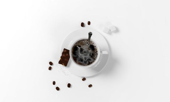 cup of coffee with coffee beans, a piece of chocolate with nuts, saucer and spoon isolated on a white background, 3d render