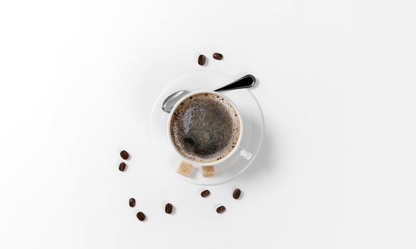 cup of coffee with coffee beans, saucer and spoon isolated on a white background, 3d render