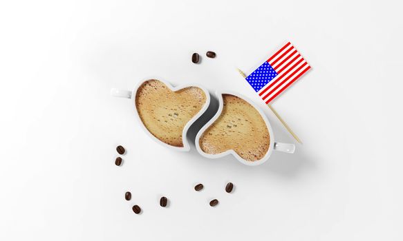 two cups of coffee in the shape of a heart with coffee beans, milk froth and american flag as a simbol of national coffee day, isolated on a white background, 3d render