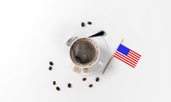 cup of coffee with coffee beans, saucer, spoon and american flag as a simbol of national coffee day, isolated on a white background, 3d render