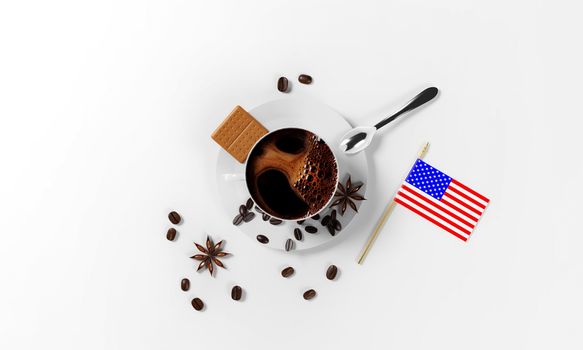cup of coffee with coffee beans, saucer, spoon, cinnamon seeds, cookies and american flag as a simbol of national coffee day, isolated on a white background, 3d render