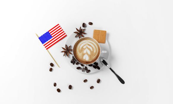 cup of coffee with coffee beans, saucer, spoon, cinnamon seeds, cookies and american flag as a simbol of national coffee day, isolated on a white background, 3d render