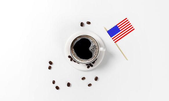cup of coffee with coffee beans, saucer, spoon and american flag as a simbol of national coffee day, isolated on a white background, 3d render