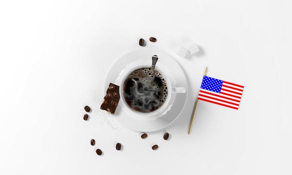 cup of coffee with coffee beans, saucer, spoon, a piece of chocolate with nuts and american flag as a simbol of national coffee day, isolated on a white background, 3d render