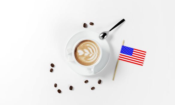 cup of coffee with coffee beans, saucer, spoon and american flag as a simbol of national coffee day, isolated on a white background, 3d render