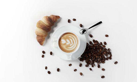 cup of coffee with coffee beans, milk froth, saucer, croissant and spoon isolated on a white background, 3d render