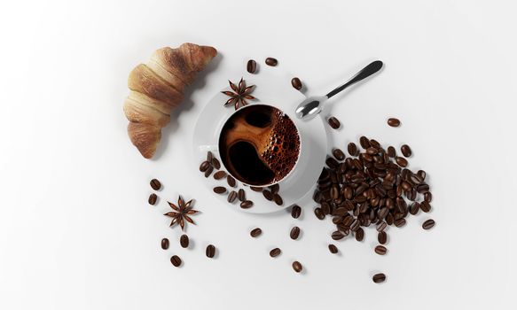 cup of coffee with coffee beans, milk froth, saucer, croissant,cinnamon seeds and spoon isolated on a white background, 3d render