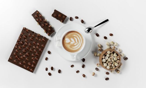 cup of coffee with coffee beans, milk froth, saucer, chocolate, hazelnuts and spoon isolated on a white background, 3d render