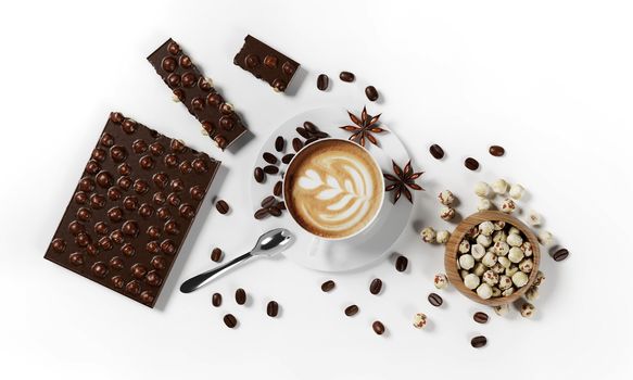 cup of coffee with coffee beans, milk froth, saucer, chocolate, hazelnuts and spoon isolated on a white background, 3d render