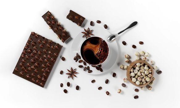 cup of coffee with coffee beans, milk froth, saucer, chocolate, hazelnuts and spoon isolated on a white background, 3d render