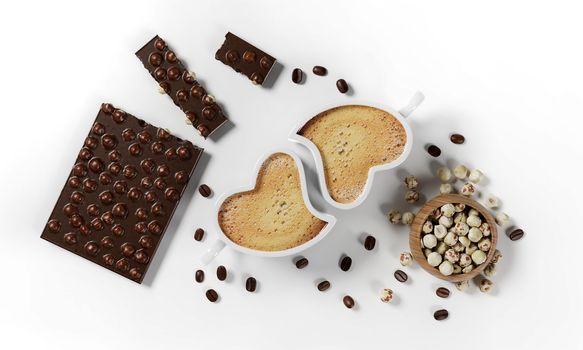 two cups of coffee in the shape of a heart with coffee beans, milk froth, saucer, chocolate, hazelnuts and spoon isolated on a white background, 3d render