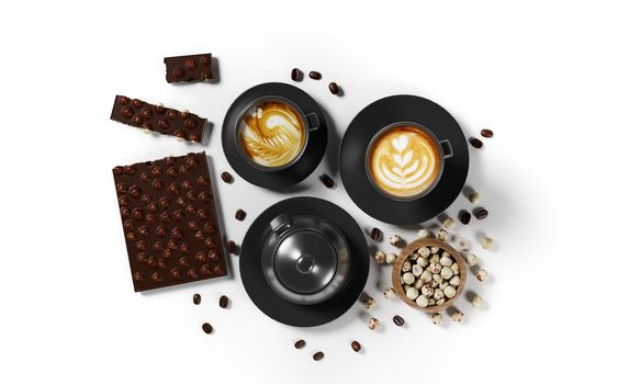 cup of coffee with coffee beans, milk froth, saucer, chocolate, hazelnuts and spoon isolated on a white background, 3d render