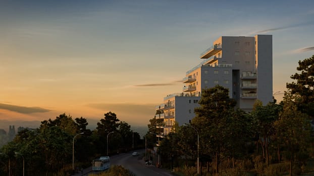 house on top of the mountain evening sunset, 3d rendering
