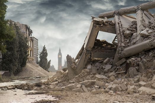 View on a collapsed concrete industrial building with British Parliament behind and dark dramatic sky above. Damaged house. Scene full of debris.