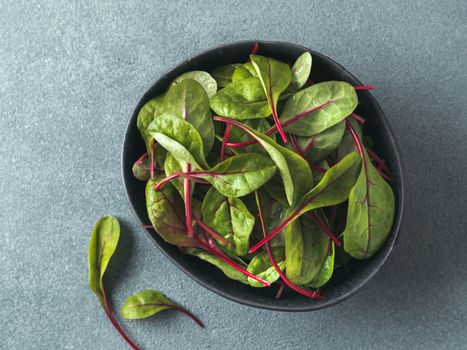 Fresh salad of green chard leaves or mangold on gray stone background. Flat lay or top view fresh baby beet leaves in craft ceramic bowl.