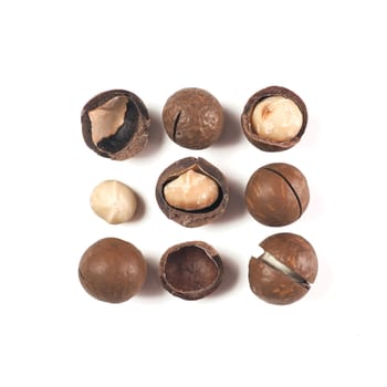 Nine macadamia nuts on white background with clipping path. Set of peeled and unpeeled macadamia nuts isolated on white, top view or flat lay. Square. Creative layout of macadamia