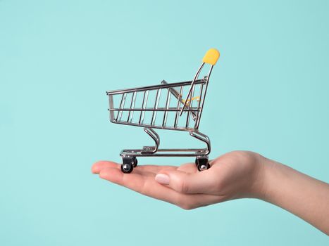 Toy shopping cart in female hand.Shopping trolley on hand over blue background.Copy space for text or design.Shop trolley seamless pattern as sale,discount,shopaholism concept.Consumer society trend