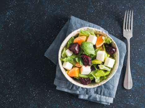 Beetroot, Feta Cheese and Orange Salad. Close up. Top view or flat-lay. Copy space for text.