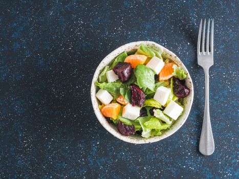 Beetroot, Feta Cheese and Orange Salad. Close up. Top view or flat-lay. Copy space for text.