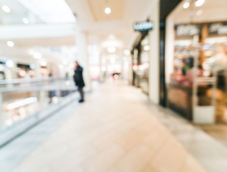 Shopping mall blur background with bokeh. Blurred hall of shopping mall with customers as background. Copy space