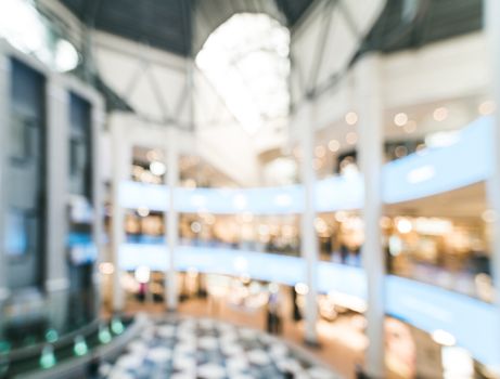 Shopping mall blur background with bokeh. Blurred hall of shopping mall with customers as background. Copy space