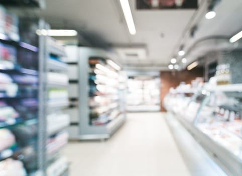 Abstract blurred supermarket aisle with colorful shelves and unrecognizable customers as background