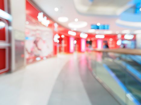 Shopping mall blur background with bokeh. Blurred hall of shopping mall with customers as background. Copy space