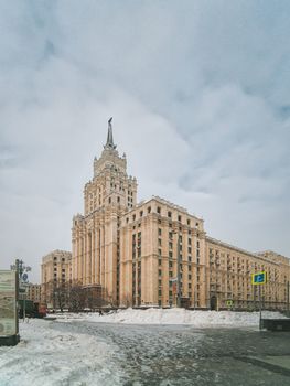 Neo-classical Stalin-era high-rise building on Red Gate Square, Garden Ring road in Moscow. Russia. Copy space
