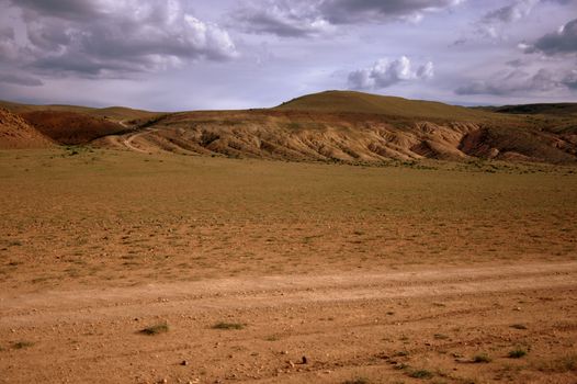 Desert landscape, meager pasture in the red valley. Altai, Siberia, Russia