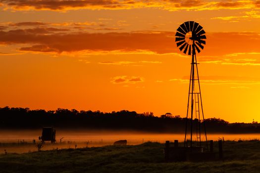 Windmill on misty farmlands in the morning stands sillhouetted against an beautiful  golden orange sunrise sky.