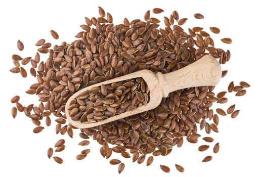 Flax seeds in wooden scoop isolated on white background close-up