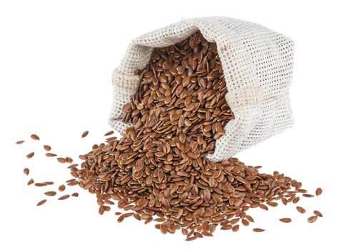 Flax seeds in burlap bag isolated on white background close up
