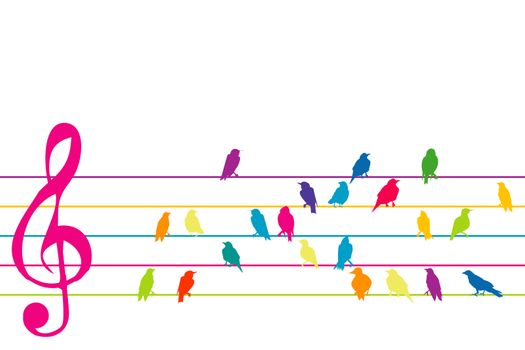 Abstract colorful music stave with birds silhouette