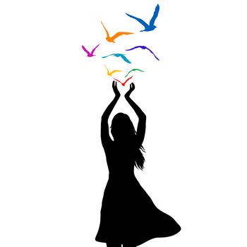 Abstract illustration of a woman silhouette with colored birds flying from her hands