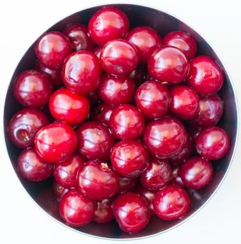 sour cherry fruit frame. Organic sour cherry background. isolated white background. Top view.