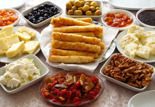 Weekend breakfast enjoyment. Brunch time. morning breakfast. classic Turkish breakfast